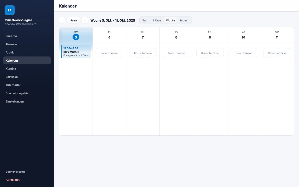 Kalenderansicht Woche in Swissbookings